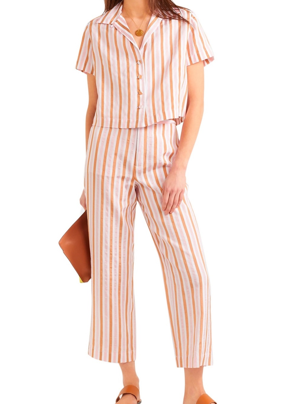 FRAME Striped Wide-Leg Pants and Top Set - Pink & Tan